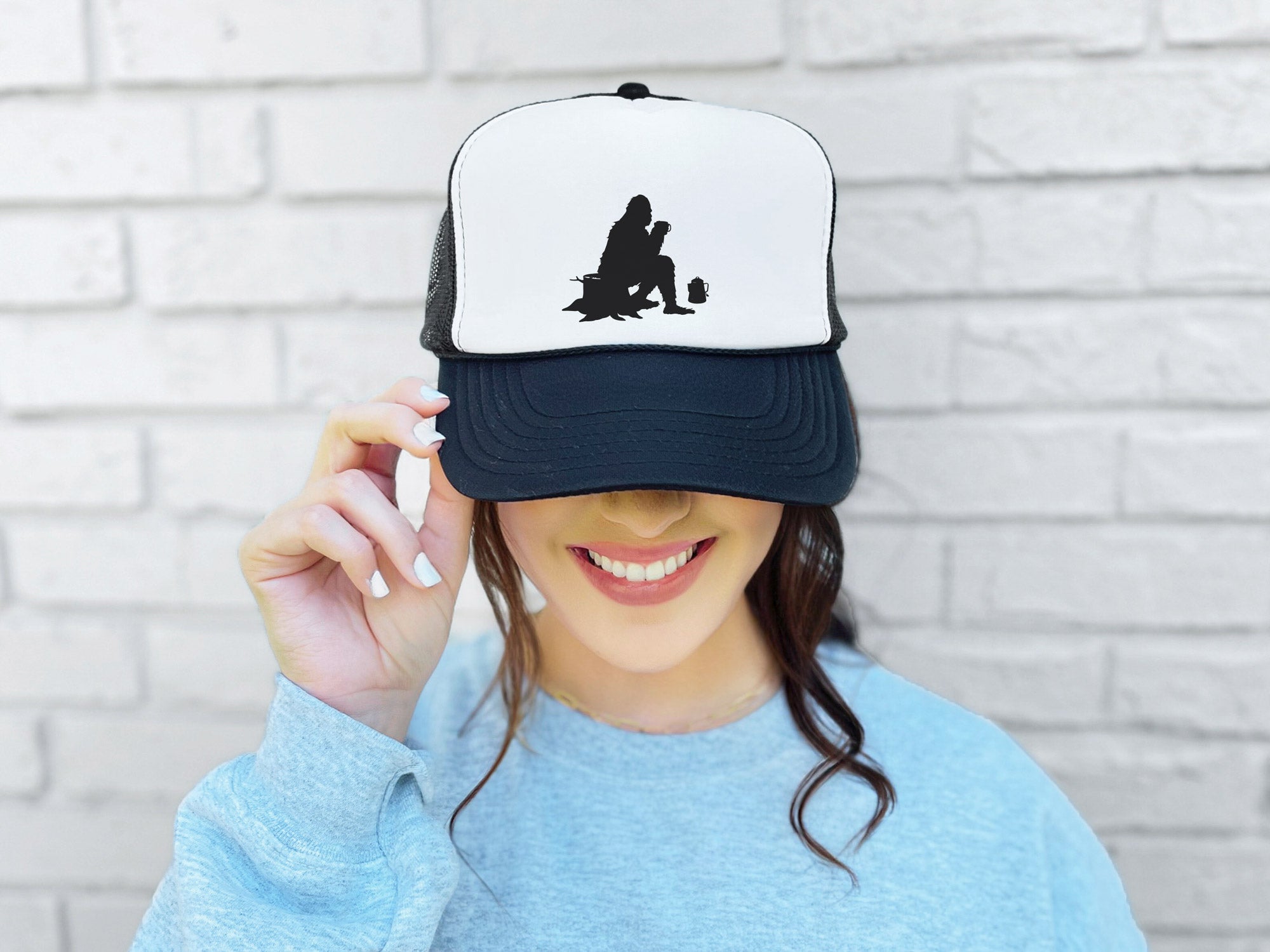 Sasquatch Camping with Coffee Trucker Hat