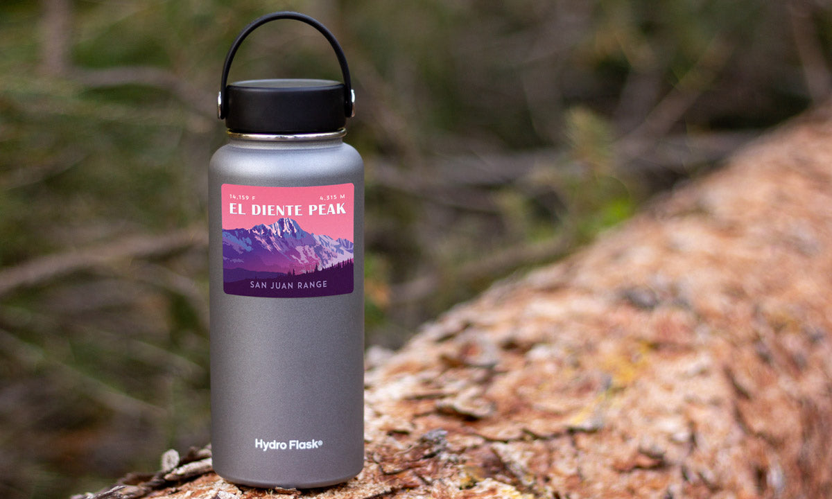 El Diente Peak Colorado 14er Sticker on water bottle