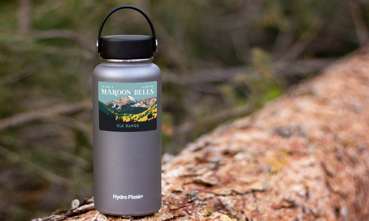 Maroon Bells Colorado 14er Sticker on water bottle