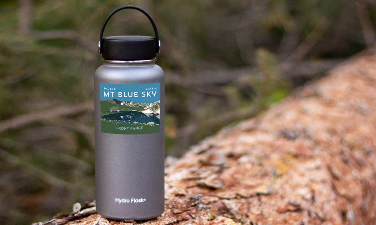 Mount Blue Sky Colorado 14er Sticker on water bottle