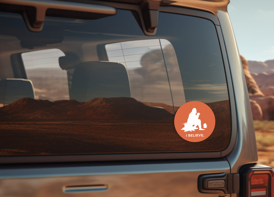 Sasquatch I Believe Camping with Coffee Sticker