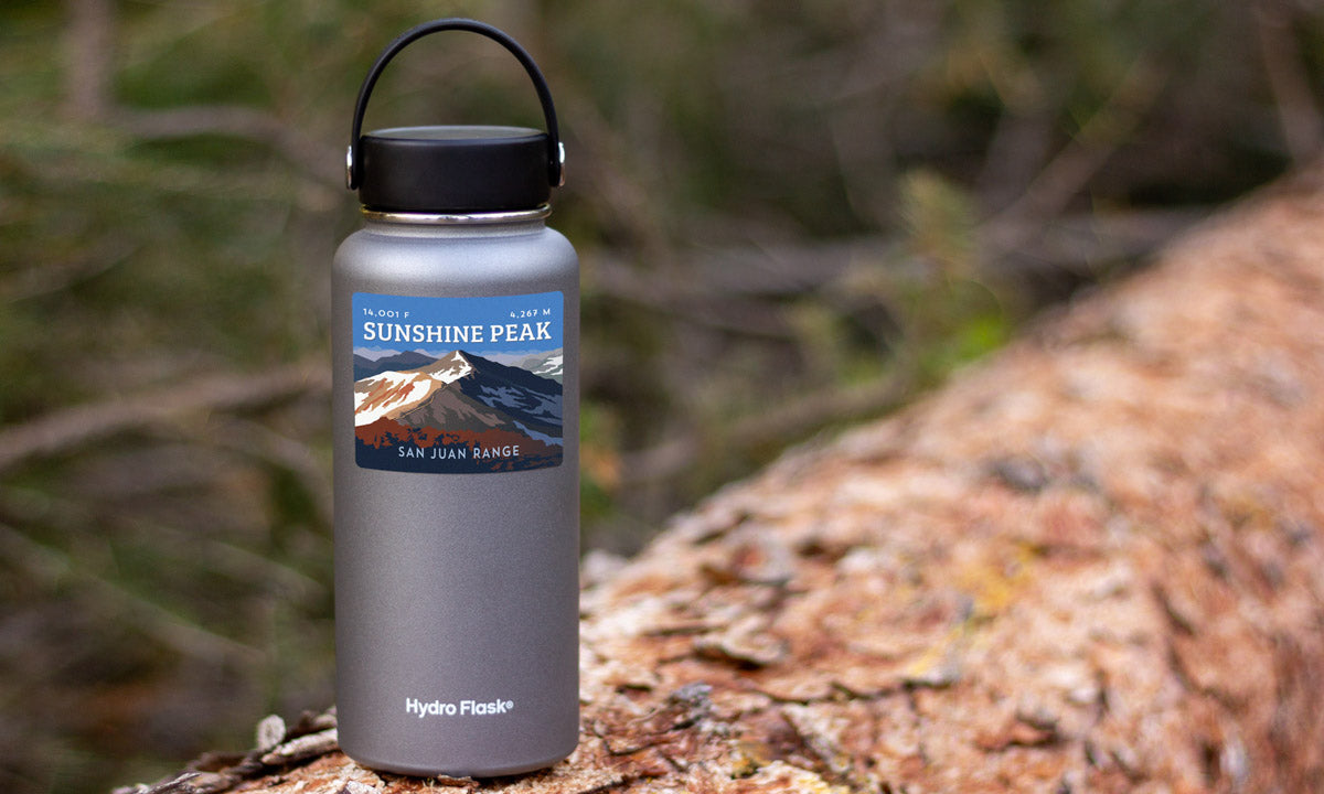 Sunshine Peak Colorado 14er Sticker on water bottle