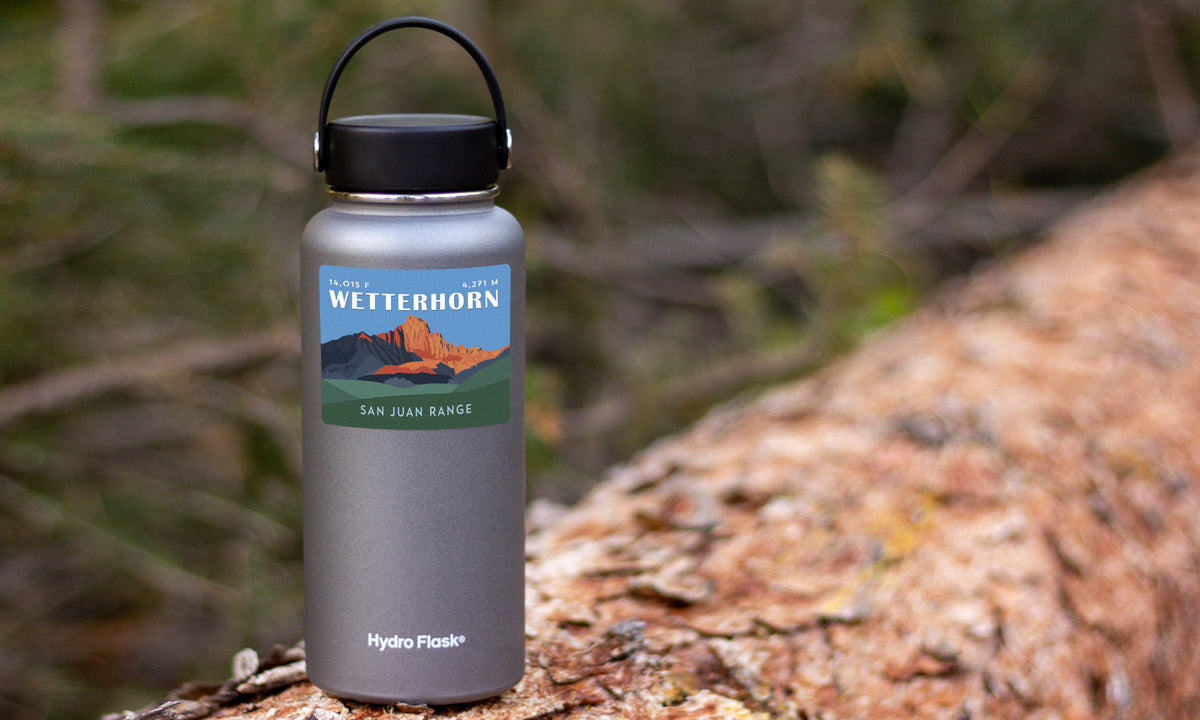 Wetterhorn Peak Colorado 14er Sticker on water bottle